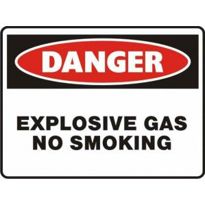 A rectangular signsofsafety Danger Explosive Gas No Smoking Sign made of self-adhesive vinyl with a red and white color scheme indicating 